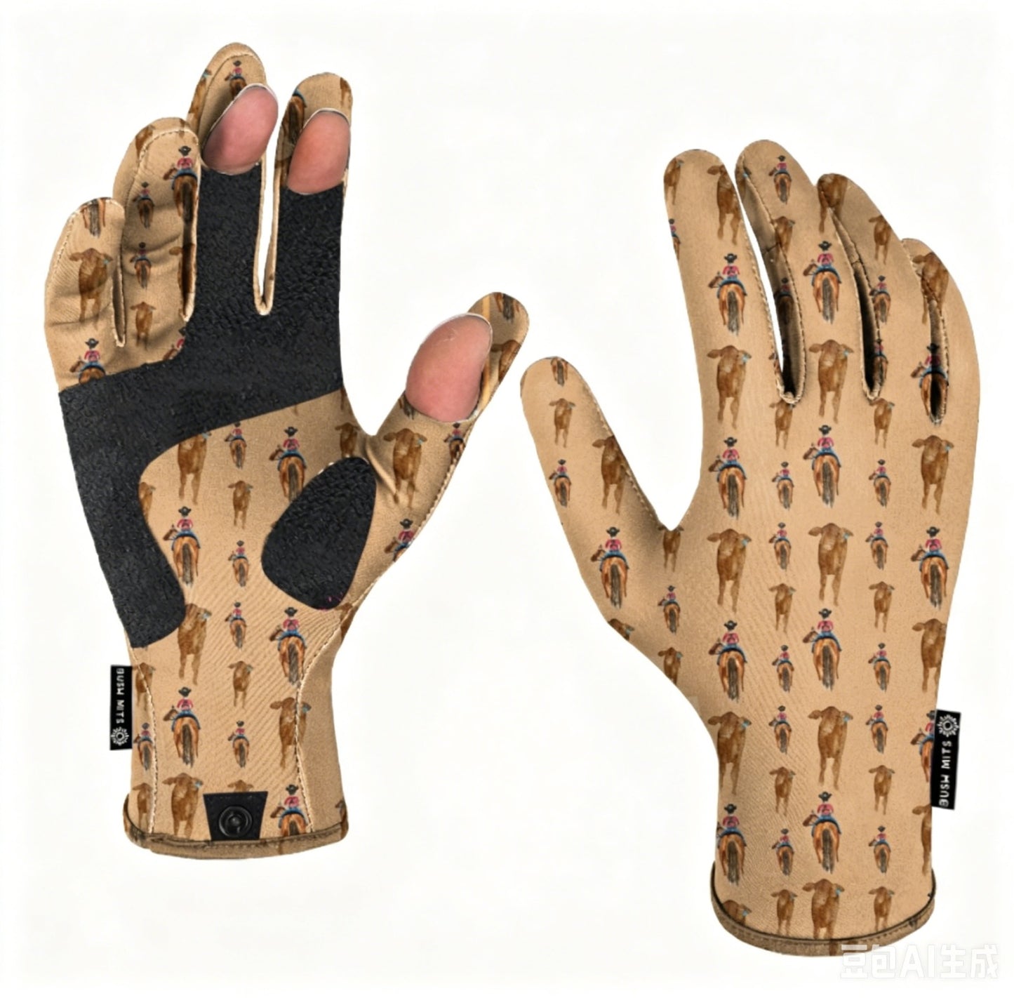 Pair of gloves with horse and rider pattern on a beige background