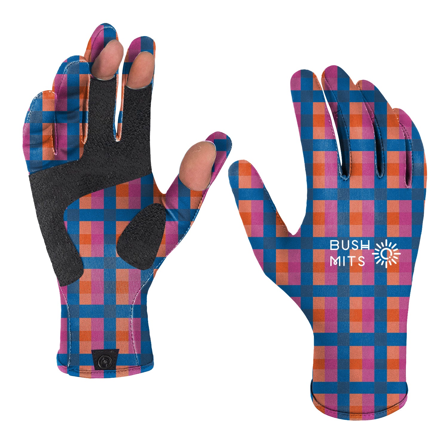 Blue, orange and. pink checkered gloves with 'Bush Mits' logo in white