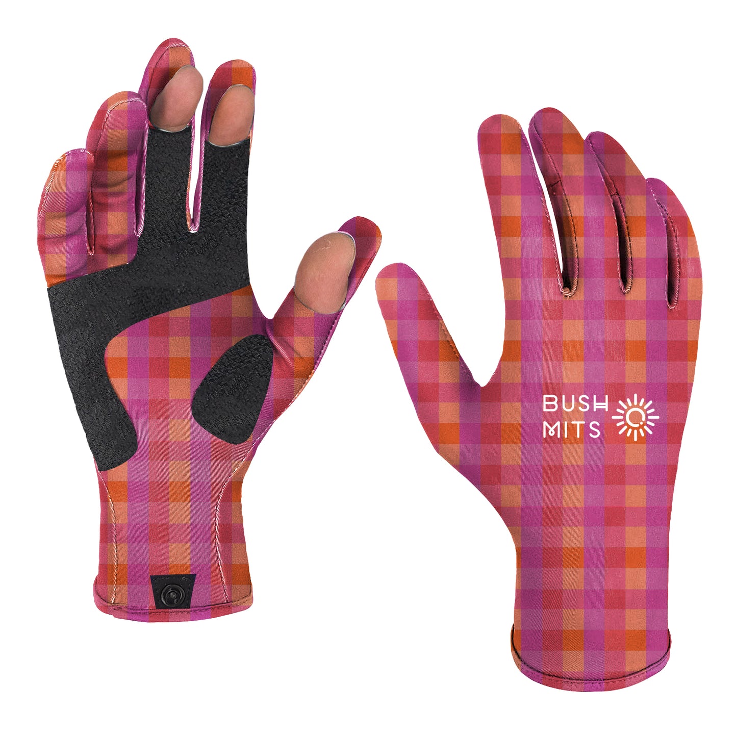 Pair of pink and orange checkered gloves featuring the 'Bush Mits' logo in white.